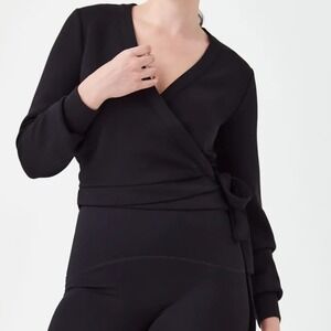 Spanx AirEssentials Ballet Wrap Top Long Sleeve Black Large L Pilates Tee
